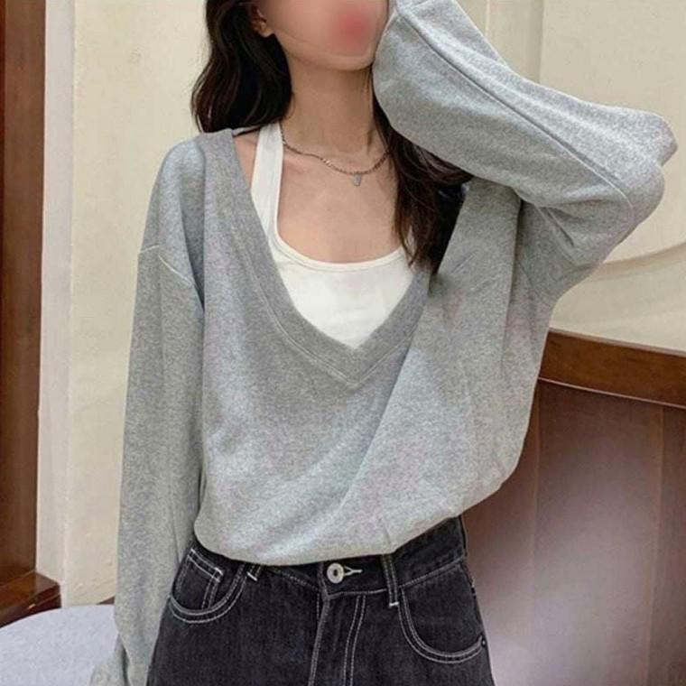 여성 레이어드 v넥 오프숄더 맨투맨 세미크롭 티셔츠 루즈핏 3색