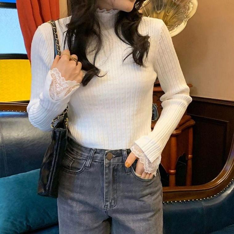 여성 레이스 소매 하프넥 반목 골지니트 긴팔티셔츠 2색