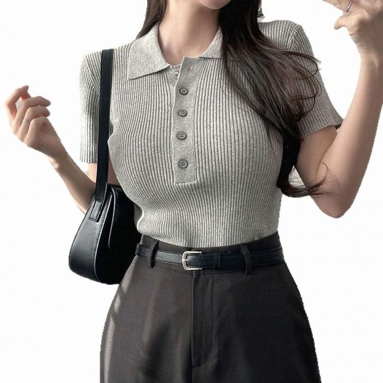 여성 단정한 골지 카라니트 반팔 티셔츠 베이직 3색