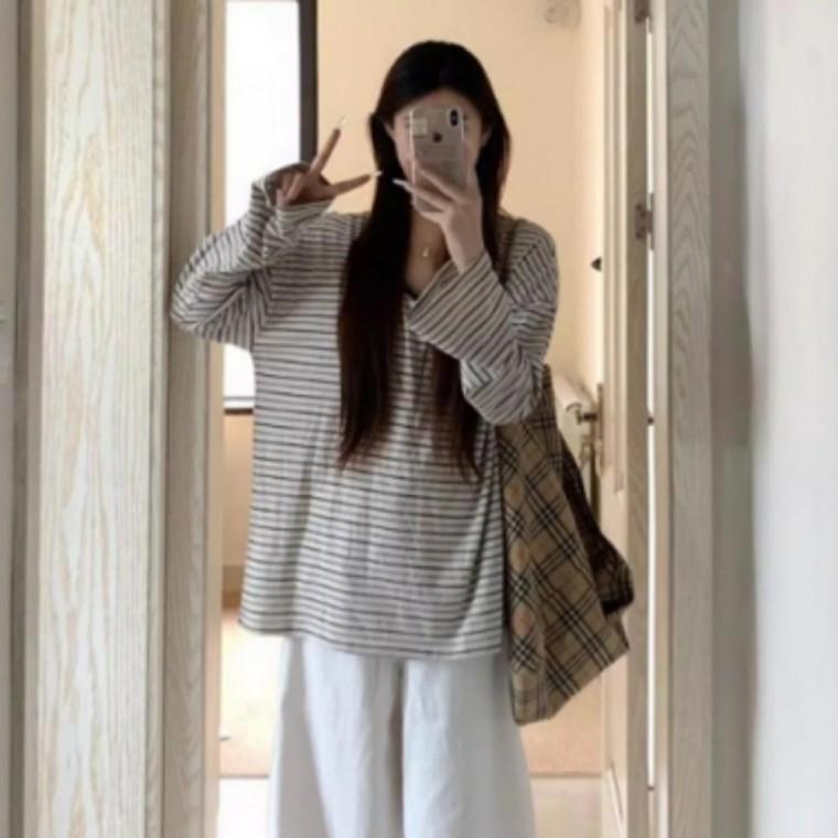 여성 간절기 롱슬리브 루즈핏 스트라이프 긴팔 티셔츠