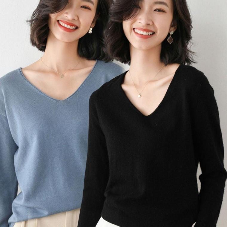 깔끔한 여성 무지 기본 스타일 브이넥 긴팔 티셔츠 데일리룩 리복 패션 맨투맨 루즈핏