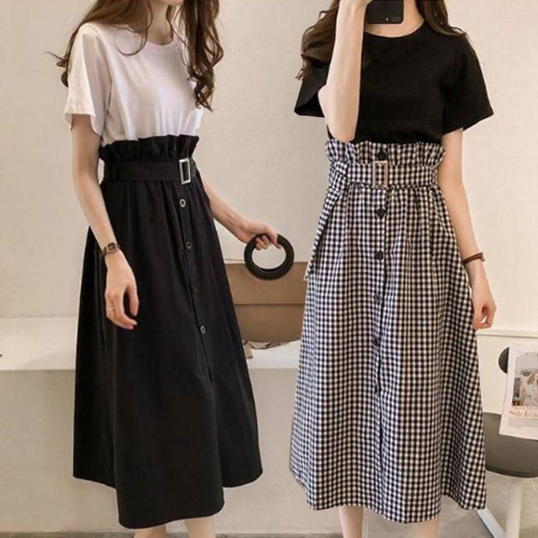 HS 여성 데일리 티셔츠 배색 스커트 셋업