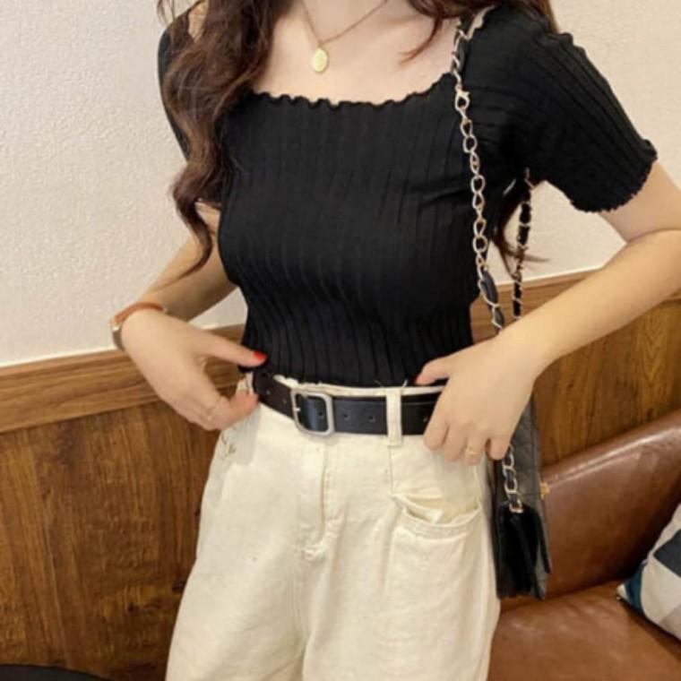 골지 스타일 상의 크롭탑 여성 스모크 밴딩 티셔츠