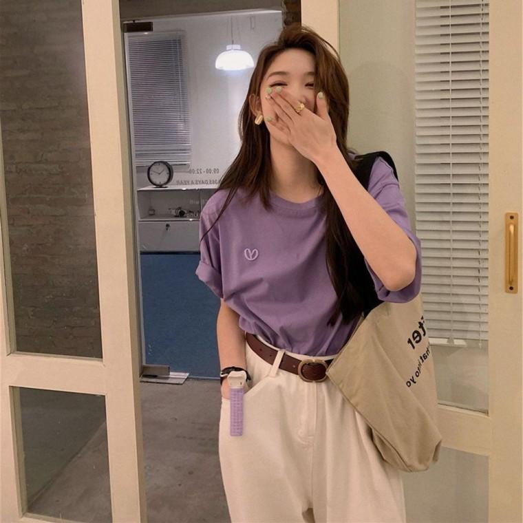 하트자수 캐주얼 반팔 티셔츠