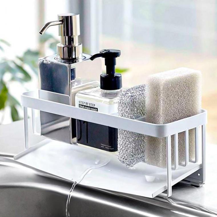 자동배수 수세미 거치대 철제 홀더 주방 세제 받침대 선반 걸이형 화이트