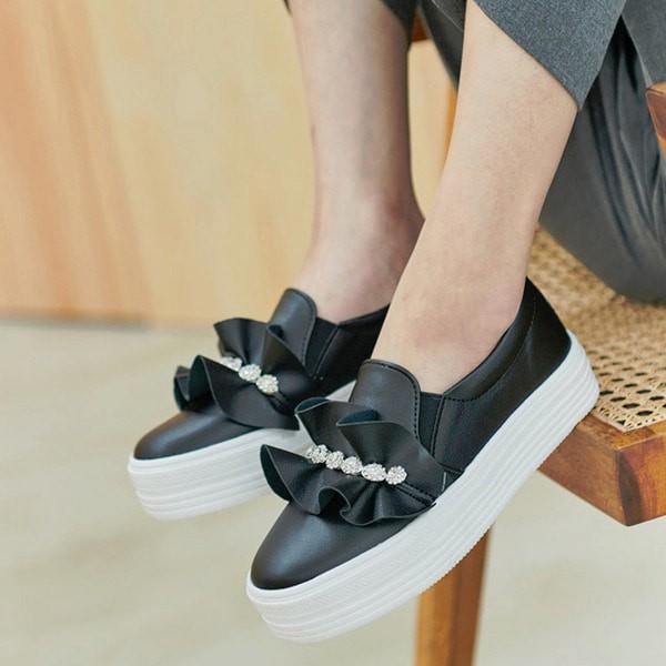 국내제작 프릴 장식 플랫폼 굽 쿠션 아웃솔 캐주얼 슬립온 슈즈 6SS