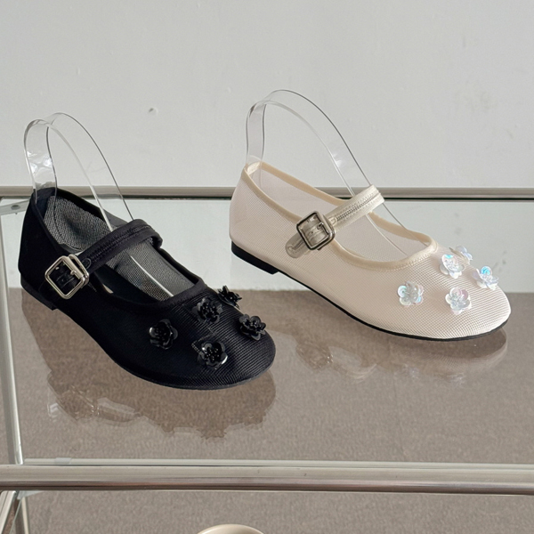 플라워 장식 스트랩 라운드토 쿠션 베이직 데일리 메리제인 플랫슈즈 6SS