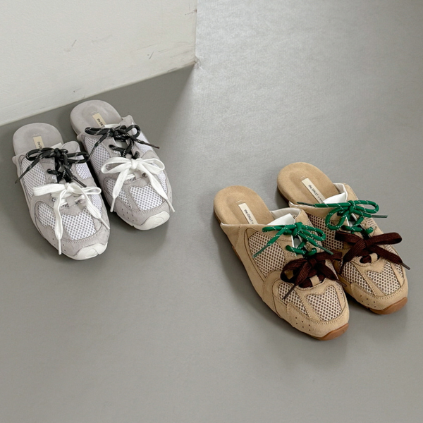 메쉬 레이스업 쿠션 인솔 캐주얼 오픈백 뮬 스니커즈 데일리화 6SS