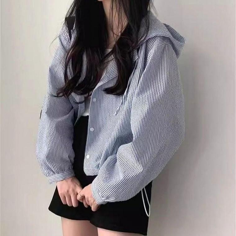 여성 세로 스트라이프 후드 블라우스 셔츠 숏점퍼 아우터