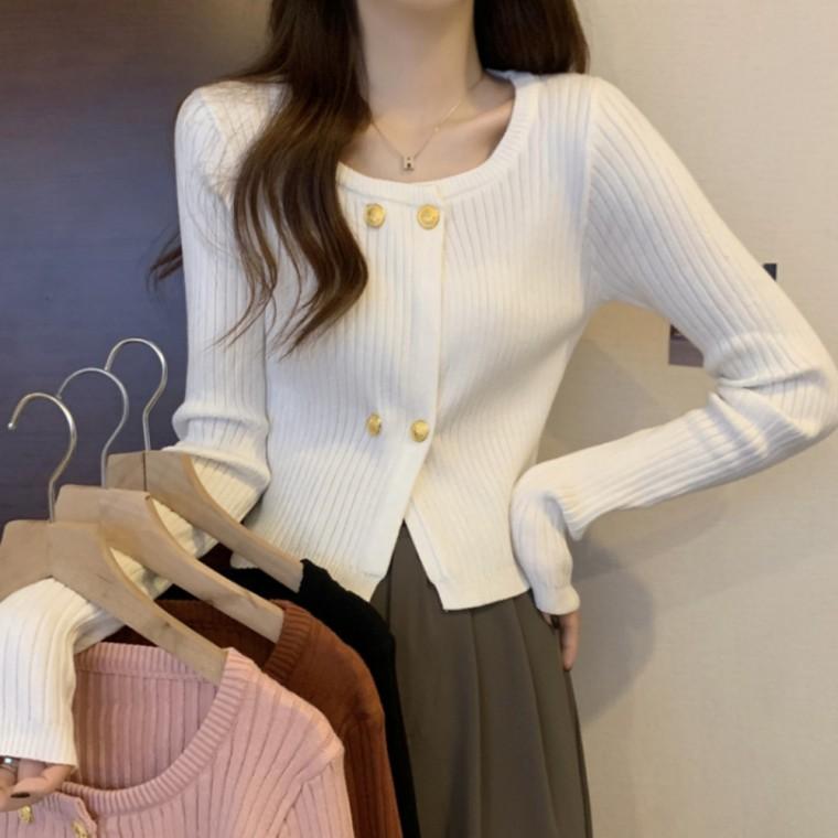 더블 버튼 라운드넥 니트 가디건 여성 아우터 봄 코디
