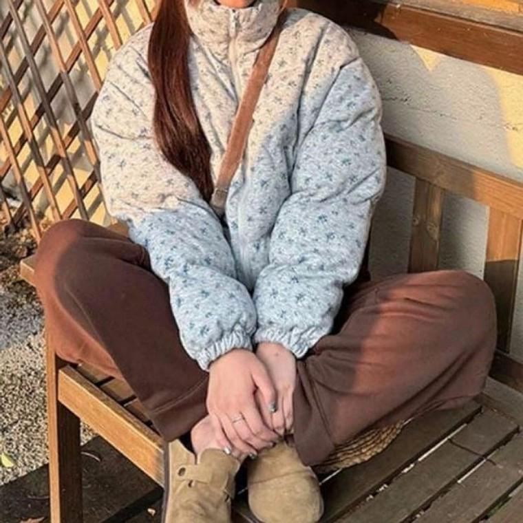 여성 꽃무늬 숏패딩 하이넥 겨울 방한 점퍼 아우터 2색