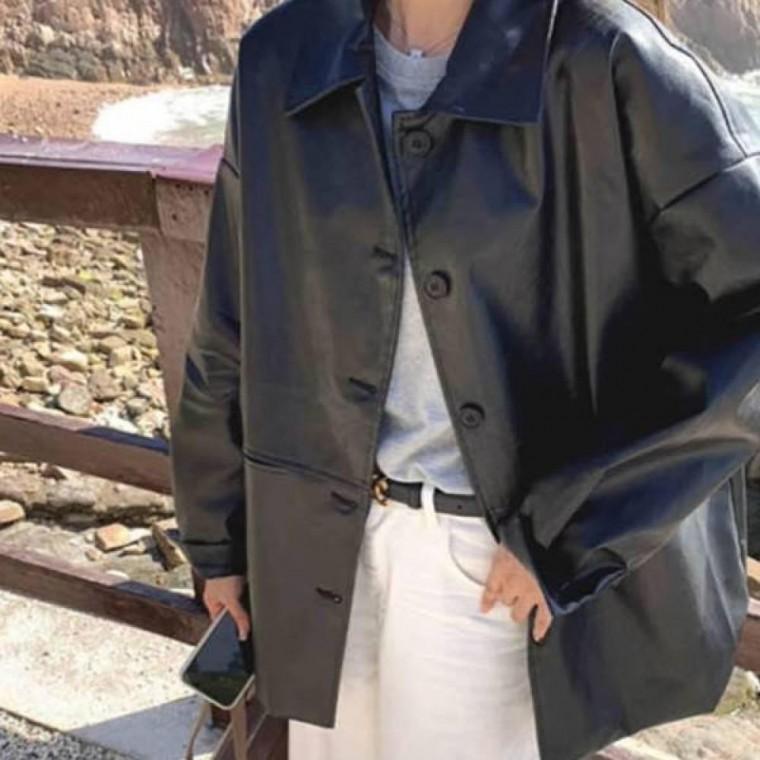 레더 재킷 카라넥 오버핏 오토바이 라이딩 아우터