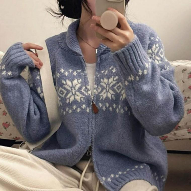 눈꽃패턴 루즈핏 니트 가디건 지퍼형 여성 캐주얼 아우터