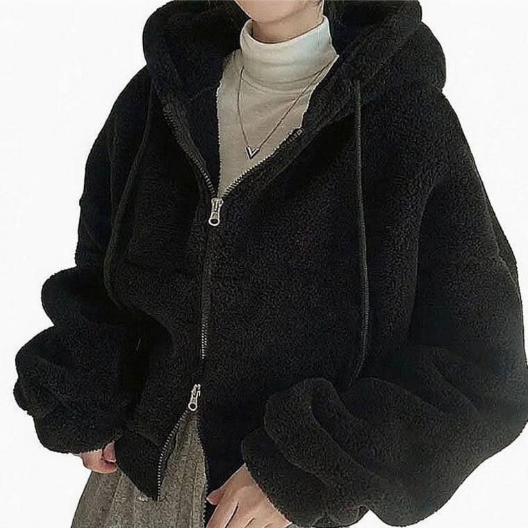 여자 겨울 양털 세미크롭 후드집업 아우터