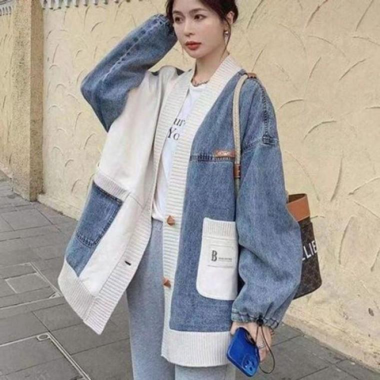 패션스타일 간절기 배색 재킷 남녀공용 가디건 룩 청 커플 아우터