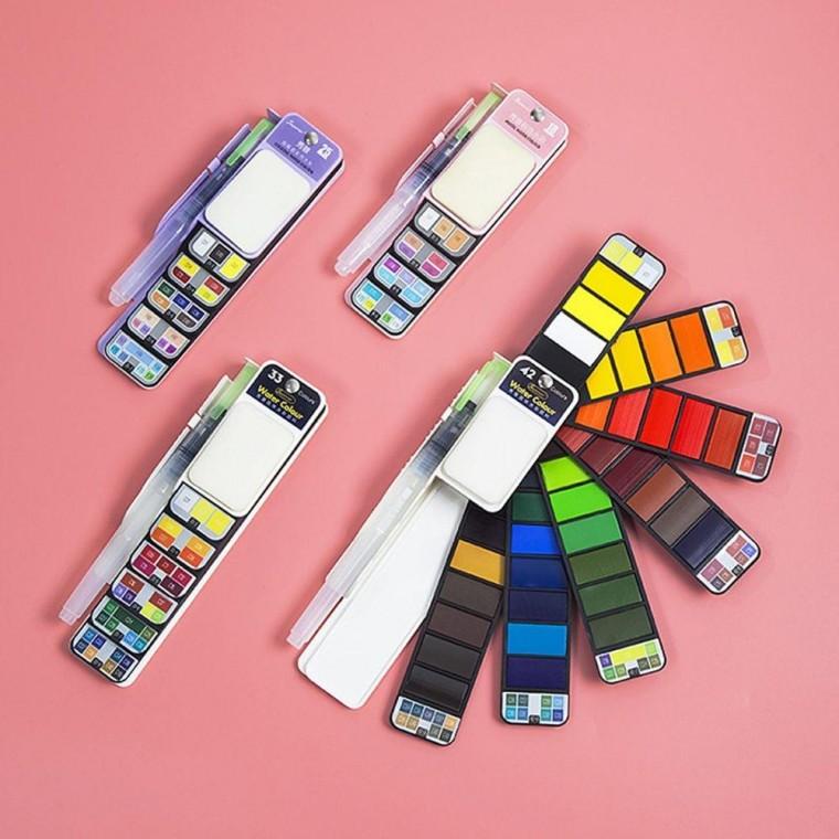 휴대용 고체물감 세트 33색 만 14세 이상 사용 수채화 미술 실용성 수채화 도구 물감 농축행태 휴대