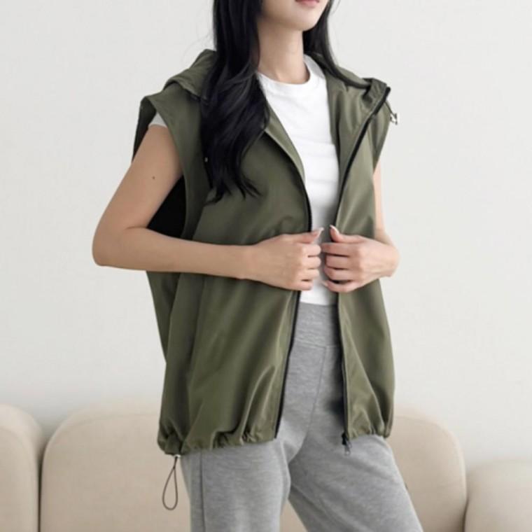 남녀공용 오버핏 스트링 바람막이 베스트 후드 조끼