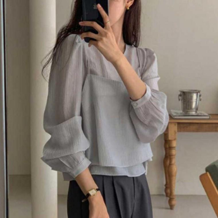 여성 시스루 긴팔 블라우스 긴팔 조끼 세트 1P 출근 패션 오피스룩 베스트