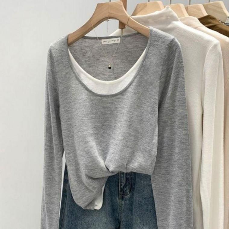 여성 레이어드 U넥 티셔츠 얇은 긴팔티 자외선 차단