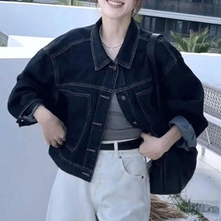 여성 스티치 세미 크롭 데님 자켓 진청 1P 간절기 캐주얼 청자켓 패션