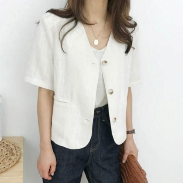 심플 노카라 디자인 데일리 반팔 린넨 자켓