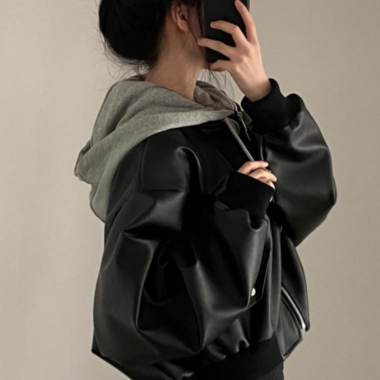 여성 간절기 투피스 루즈핏 라이더 레더 가죽 후드 자켓