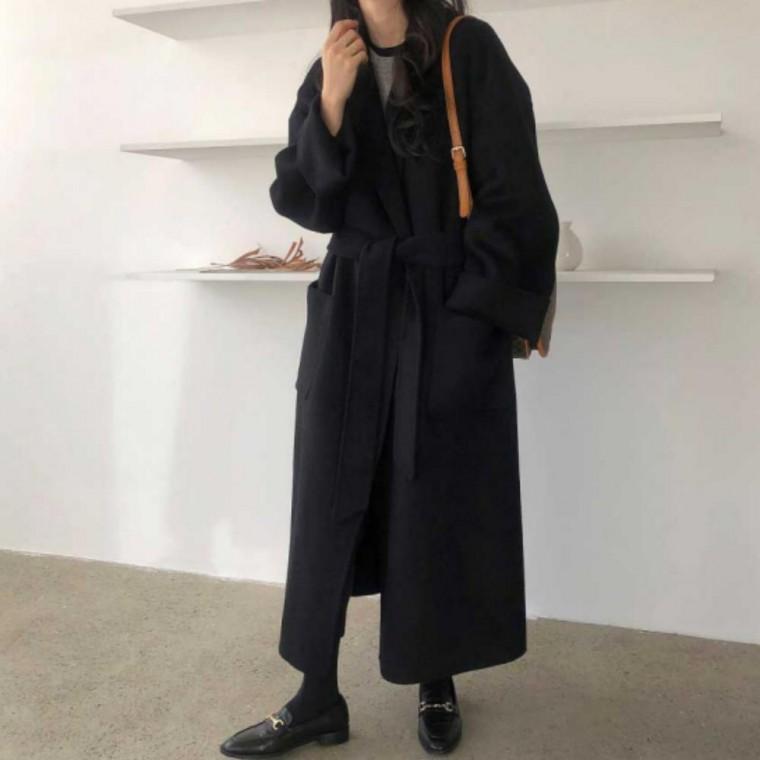 여성 겨울 모직 오버핏 투카라 허리 스트랩 롱코트 자켓