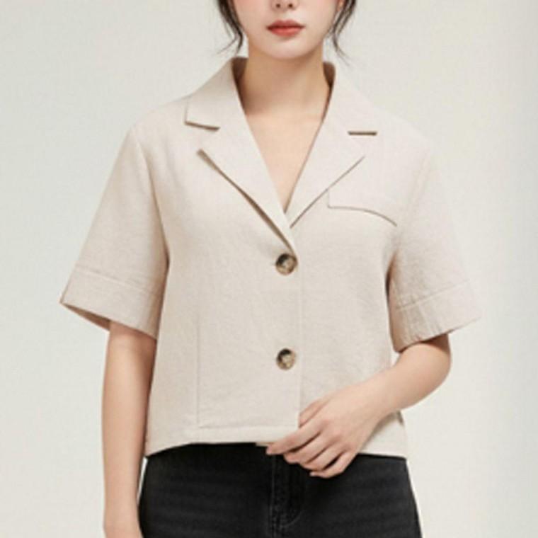 여성 크롭 투버튼 반팔 정장 마이 1P 베이직 출근 숏자켓 오피스룩 패션