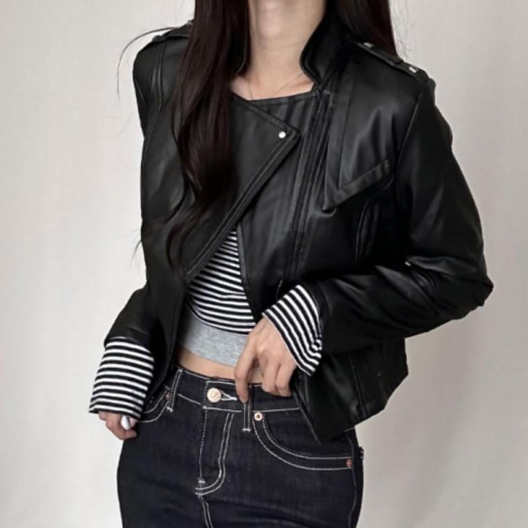 여성 베이직 슬림핏 사선 크롭 라이더 재킷 숏 자켓