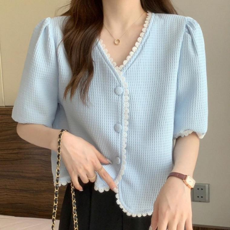 레이스 브이넥 버튼 반팔 자켓 여성스러운 여름 상의