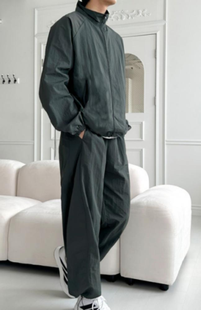 밴딩 집업 시원한 바람막이 양쪽 와이드 하프넥 남성 포켓 스트링 바지 세트