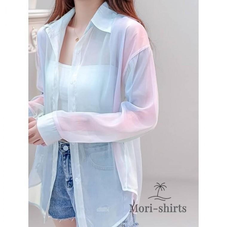 모리셔츠 여름 긴팔 그라데이션 그린 셔츠 시스루 비치웨어 스트랩 여름 오간자 뒤트임 초록 남방 살안타템