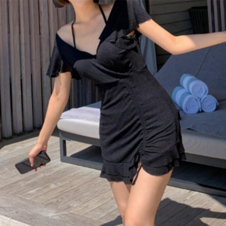 여성 미니 물놀이 셔링 홀터넥 체형커버 원피스 수영복