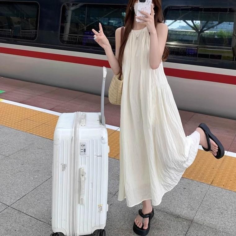 루즈핏 여성 홀터넥 원피스 플레어 여성 롱 원피스 민소매 여름