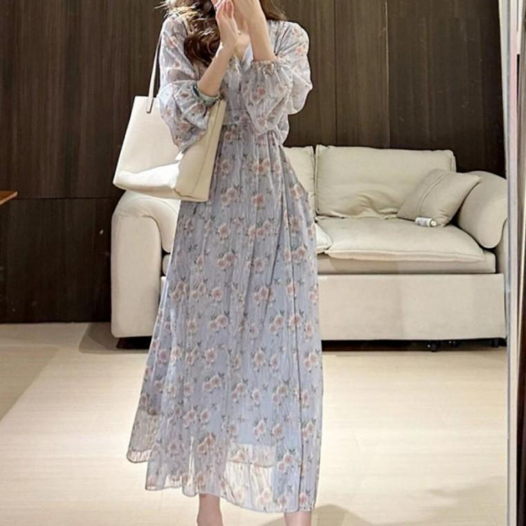 봄여신 브이넥 쉬폰 여자 페미닌무드여름 플라워롱원피스 휴양지룩