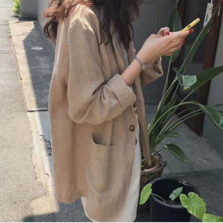 여성마이 자켓 55-66사이즈 린넨 데일리 여름 싱글 버튼 자켓 사무실 출퇴근 현장근무복 하객룩