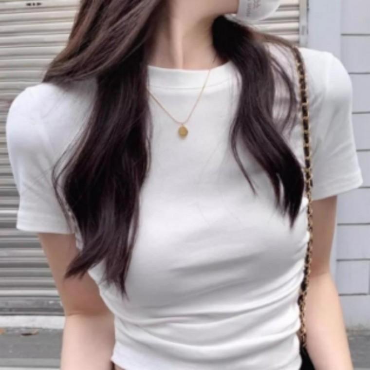 세미 크롭 옆셔링 반팔 티셔츠 쫀쫀한 스판 슬림핏 여성 여름 상의