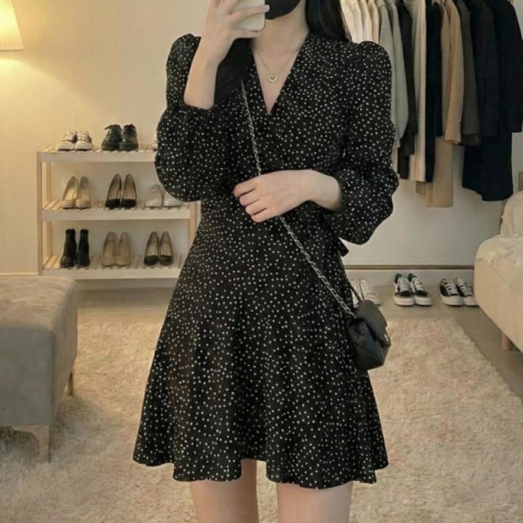 브이넥 랩 땡땡이 미니 원피스 도트 패턴 여성 데이트룩 여름원피스