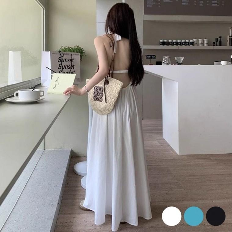 뒷트임 여성 홀터넥 원피스 폴리에스테르 홀터넥 원피스 민소매 여름