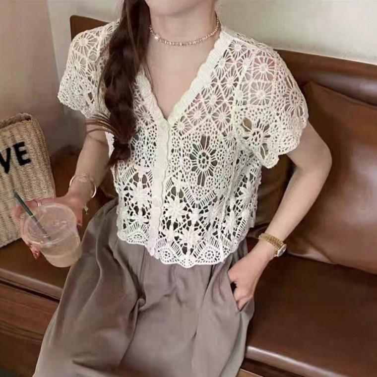 여성 크로쉐 뜨개 반팔 브이넥 여름 가디건 화이트