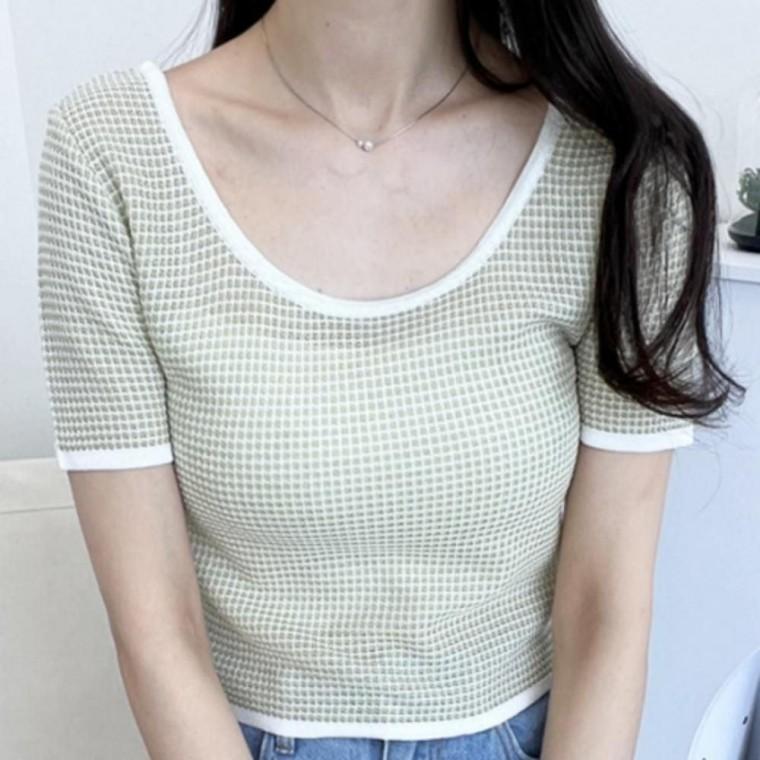 여성 여름 데일리 와플 U넥 반팔 니트 티셔츠