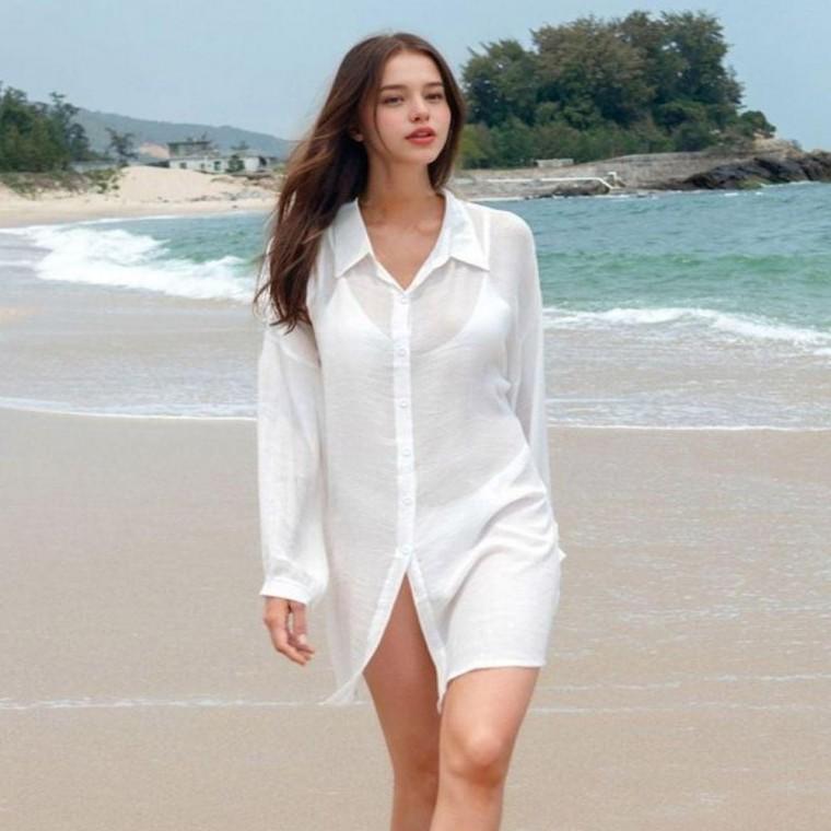 여성 여름 커버업 비치룩 시스루 롱셔츠 롱드레스