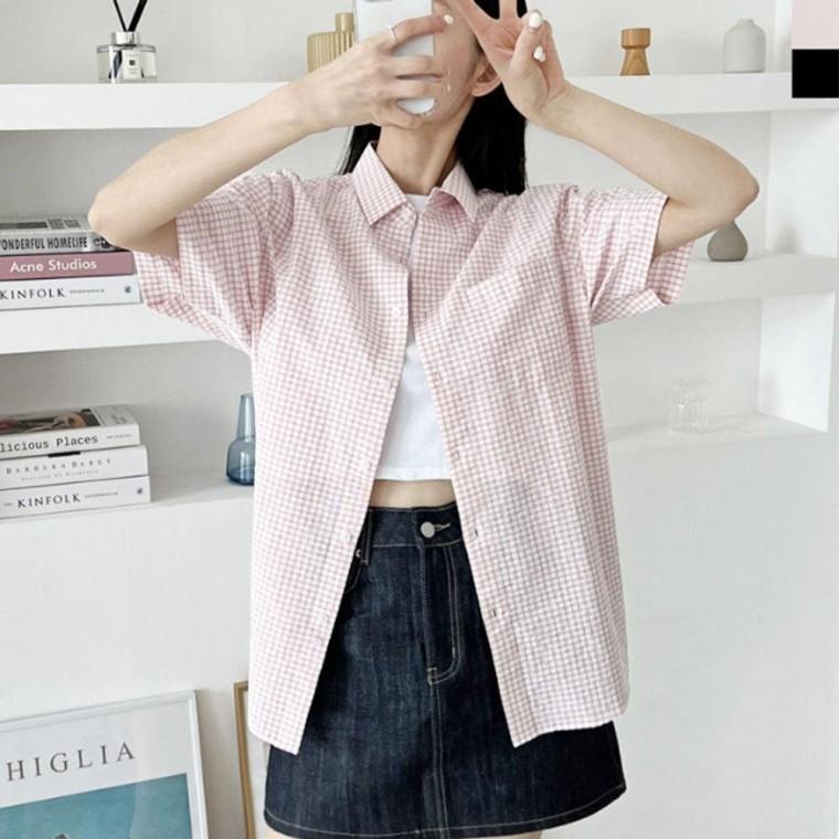 여성 체크 시원한 반팔 카라 셔츠 1P 여름 남방 단추