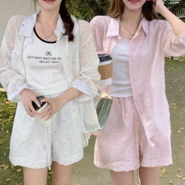 여성 여름 시스루 민소매 나시 셔츠 반바지 숏팬츠 세트