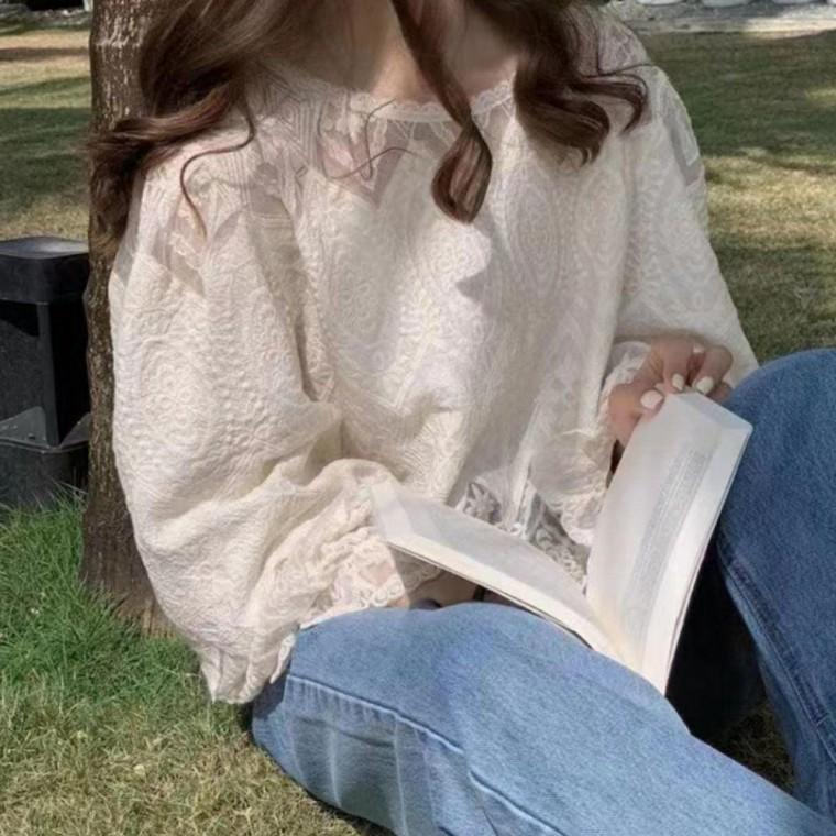 여성 봄 여름 퍼프소배 시스루 레이스 블라우스 셔츠
