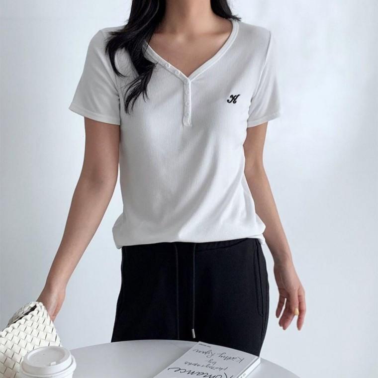 여성 3컬러 여름 브이넥 와이넥 버튼 반팔티셔츠