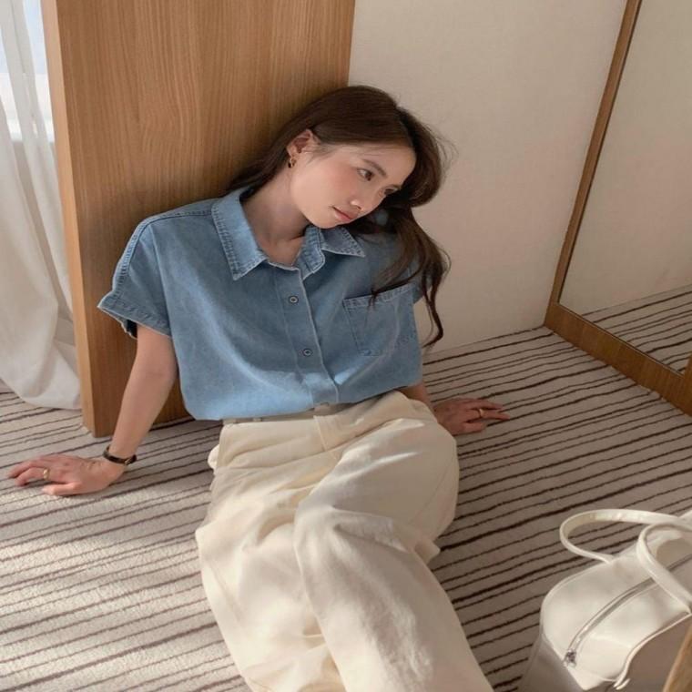 여성 2컬러 루즈핏 모던 데님셔츠 청남방 여름 반팔