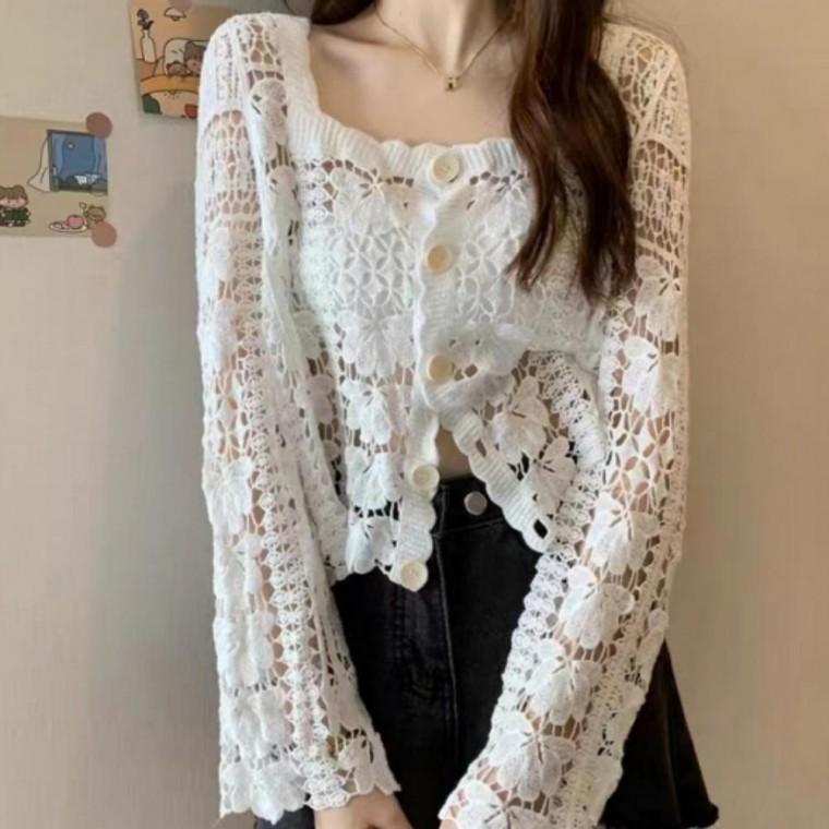 여성 크로셰 긴팔 가디건 뜨개 스퀘어넥 카디건 여름 간절기 데일리