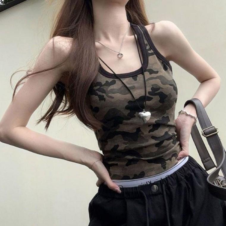 여자 밀리터리 카모 크롭 민소매 나시 티셔츠 여름 패션티