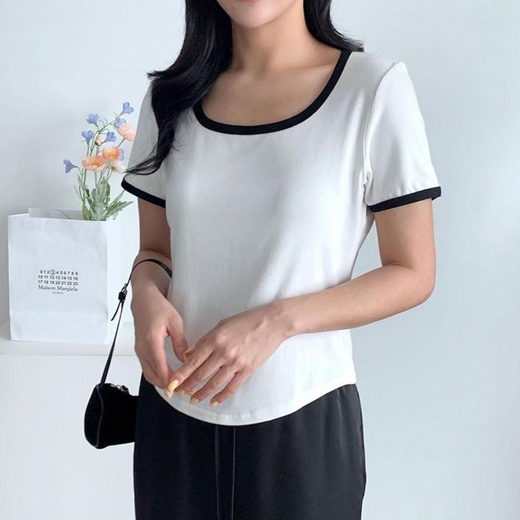여자 배색 스퀘어 반팔 티셔츠 여름 데일리 패션티